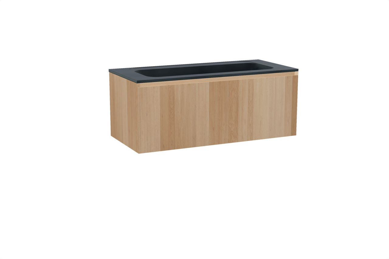 Balmani Idra zwevend badkamermeubel 120 x 55 cm natuur eik met Tablo Strada enkele wastafel voor 2 kraangaten in composietmarmer mat zwart