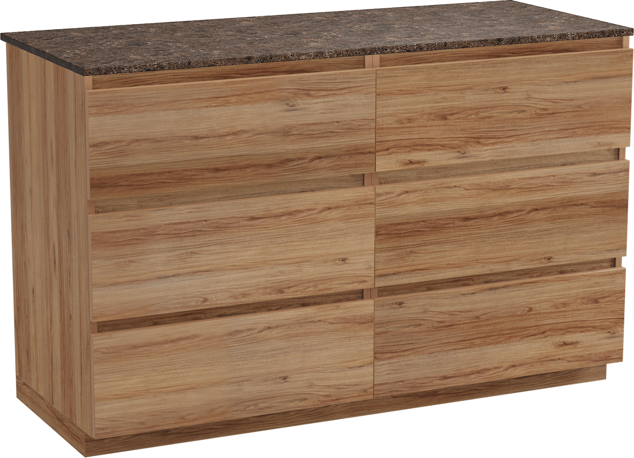 Balmani Lucida staand badkamermeubel 135 x 55 cm teak met Stretto enkel of dubbel tablet in marmer dark emperador