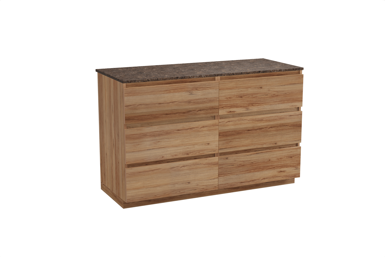 Balmani Lucida staand badkamermeubel 135 x 55 cm teak met Stretto enkel of dubbel tablet in marmer dark emperador