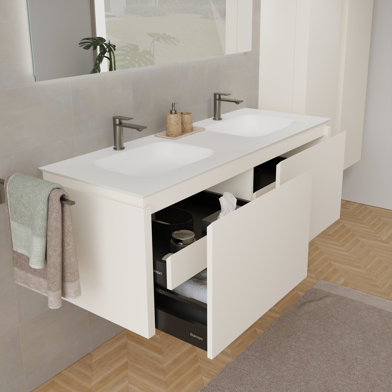 Balmani Eclips meuble salle de bains suspendu 150 x 55 cm Sandbeige avec Eclips double vasque vasque en Solid Surface blanc mat