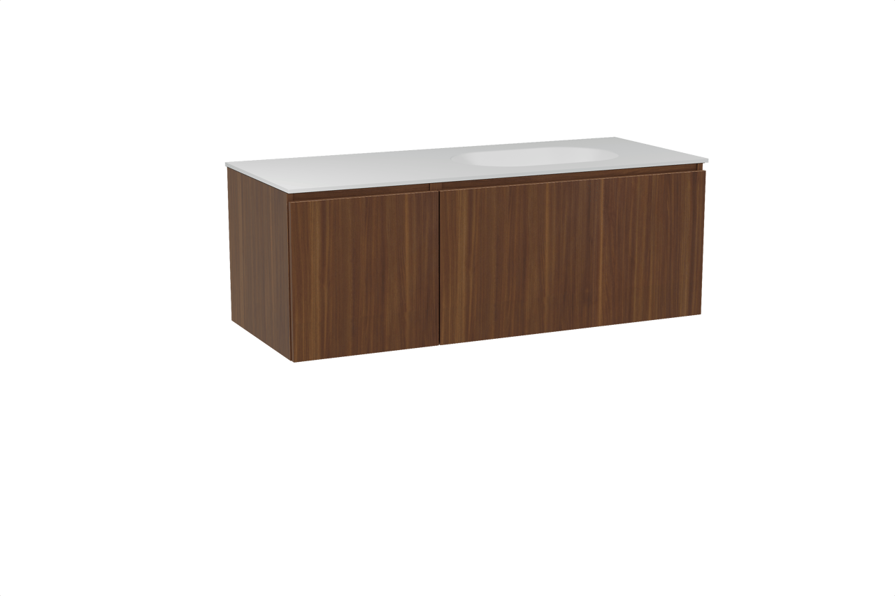 Balmani Sfera meuble salle de bains suspendu 135 x 55 cm noyer américain avec Tablo Oval plan vasque asymétrique à droite en solid surface blanc mat