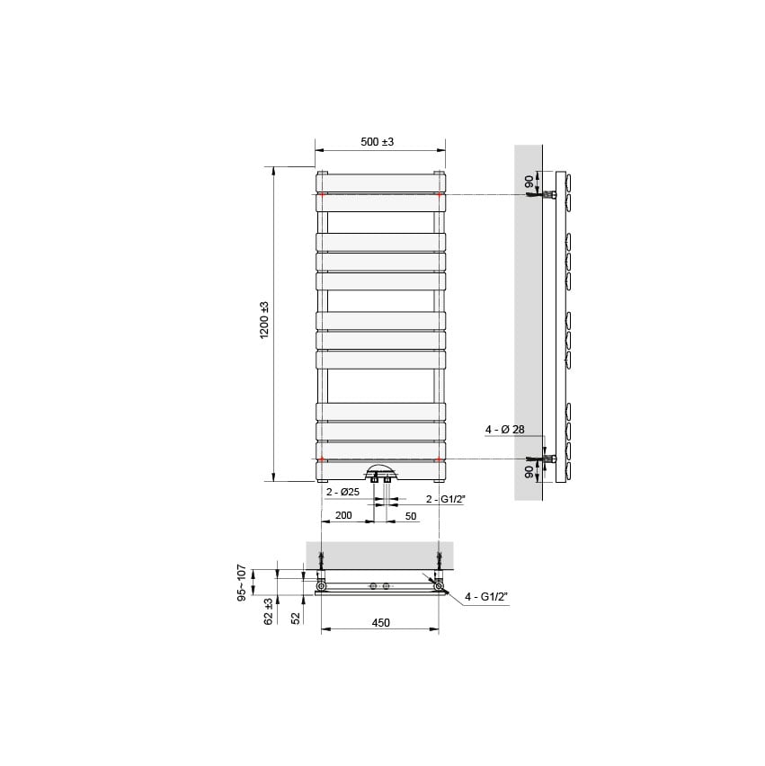 ENKEL VOOR DUITSE MARKT - Vipera Vulcan enkele handdoekradiator 50 x 120 cm elektrische verwarming mat zwart zij- en middenaansluiting 673W, weerstand inbegrepen
