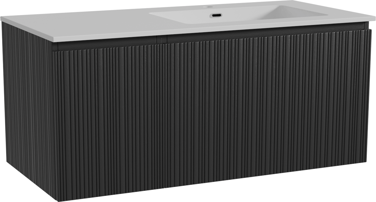 Storke Ribs zwevend badmeubel 110 x 52 cm zwart eiken met Diva asymmetrisch rechtse wastafel in composietmarmer hoogglans wit, Verticale asymmetrische rechte ribbel