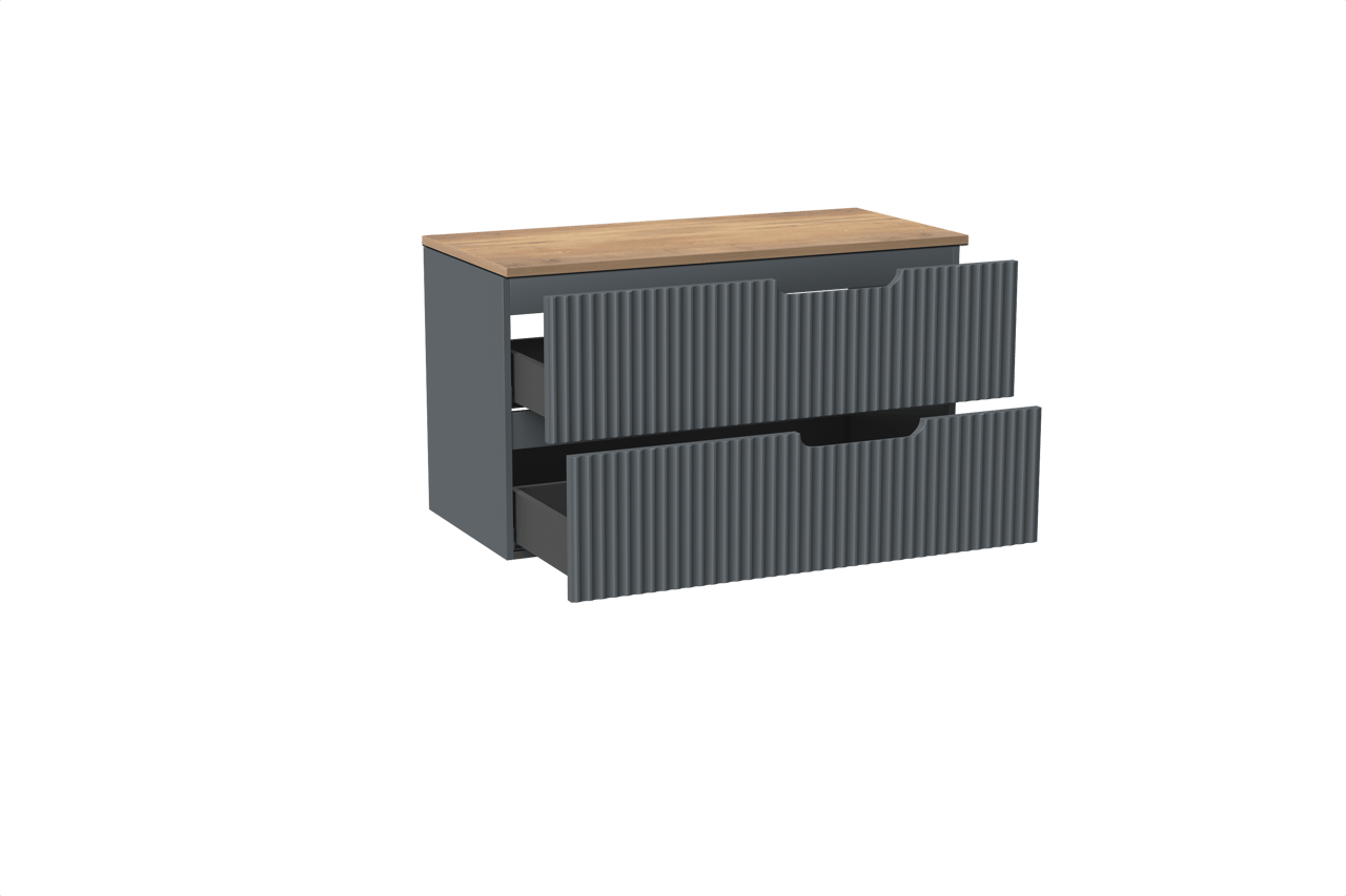 Linie Ribbo hängendes Möbelstück Set: 100 x 46 cm, Anthrazitblau, mit Lado Einzel- oder Doppel Waschtischplatte, Melamin, Naturbelassene Eiche, Vertikale symmetrische runde Rippe