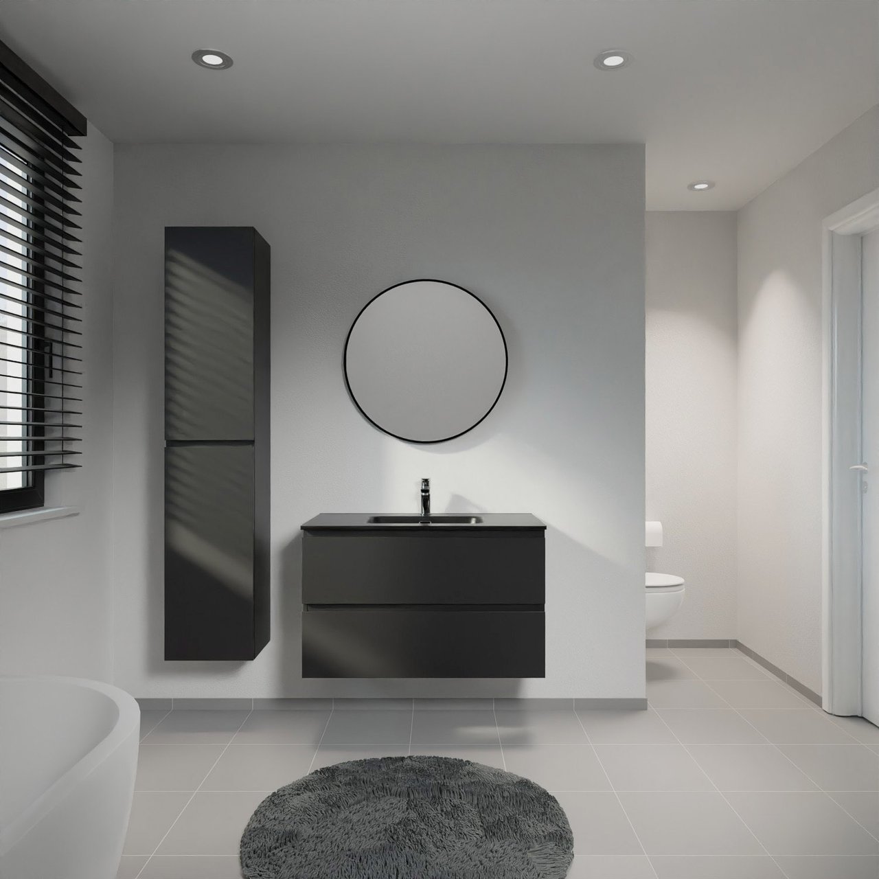 Linie Lado meuble salle de bains suspendu 90 x 46 cm noir mat avec Baro plan simple en porcelaine noir mat