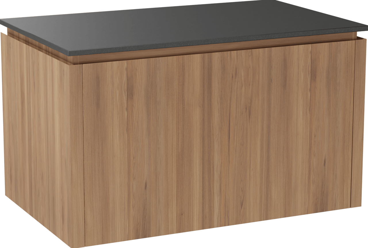 Balmani Eclips hängendes Möbelstück Set: 90 x 55 cm, Teak, mit Stretto Einzel Waschtischplatte Granit poliert