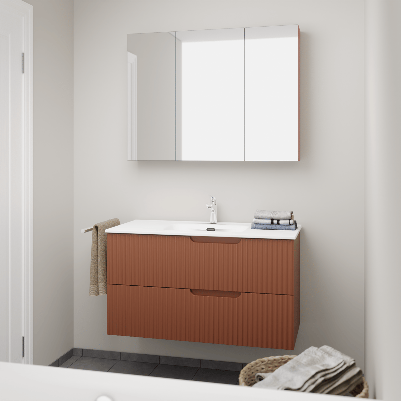 Linie Ribbo meuble salle de bains suspendu 100 x 46 cm cotto avec Baro plan simple en porcelaine blanc brillant, Nervure circulaire symétrique verticale et Montro armoire de toilette
