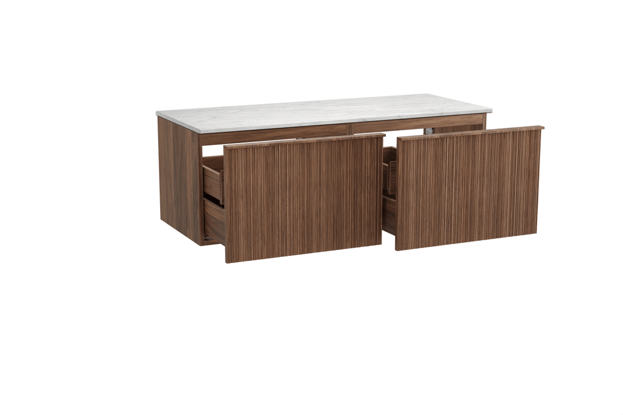 Balmani Forma meuble salle de bains suspendu 135 x 55 cm noyer américain avec Stretto tablette simple ou double en marbre carrare, Nervure circulaire asymétrique verticale