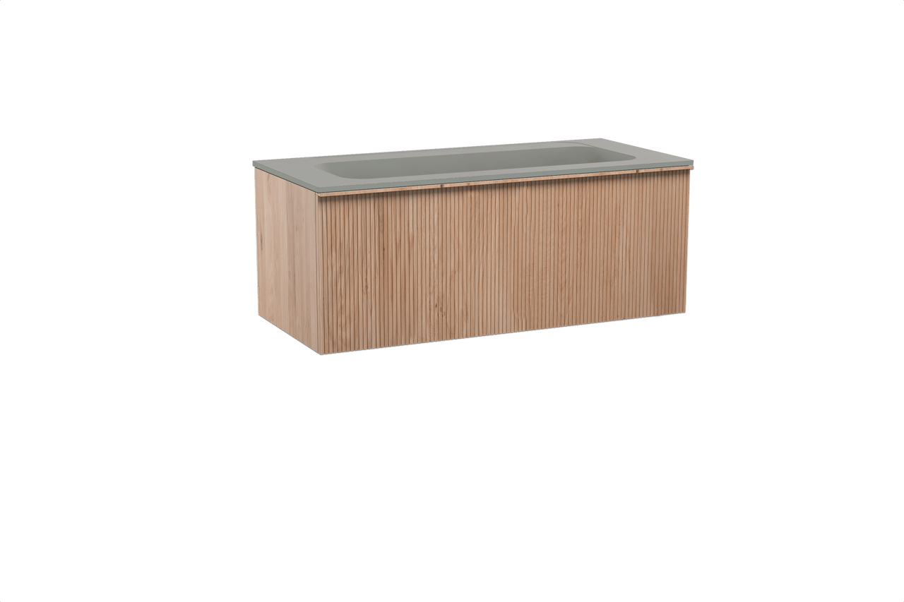 Balmani Forma hängendes Möbelstück Set: 120 x 55 cm, Naturbelassene Eiche, mit Tablo Strada Einzelwaschtisch für 2 Armaturenlöcher, Marmorkomposit, Seidengrau, Vertikale symmetrische gerade Rippe