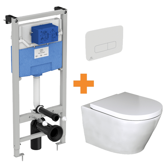 Luca Varess Calibro hangtoilet en medio wc-bril glanzend wit randloos met inbouwreservoir en gratis Ideal Standard Oleas M3 mat wit bedieningspaneel
