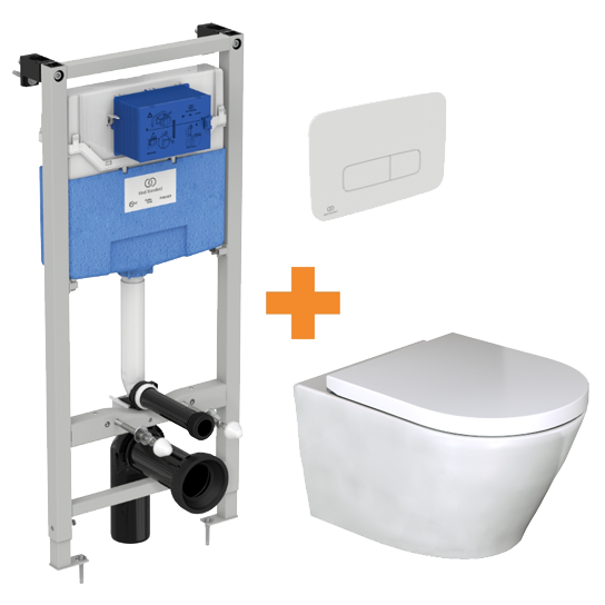Luca Varess Calibro hangtoilet en medio wc-bril glanzend wit randloos met inbouwreservoir en gratis Ideal Standard Oleas M3 mat wit bedieningspaneel
