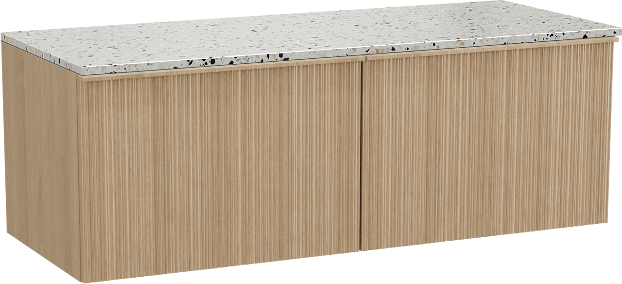 Balmani Forma zwevend badmeubel 135 x 55 cm naturel eiken met Stretto enkel of dubbel wastafelblad in mat wit/zwart terrazzo, Verticale asymmetrische ronde ribbel