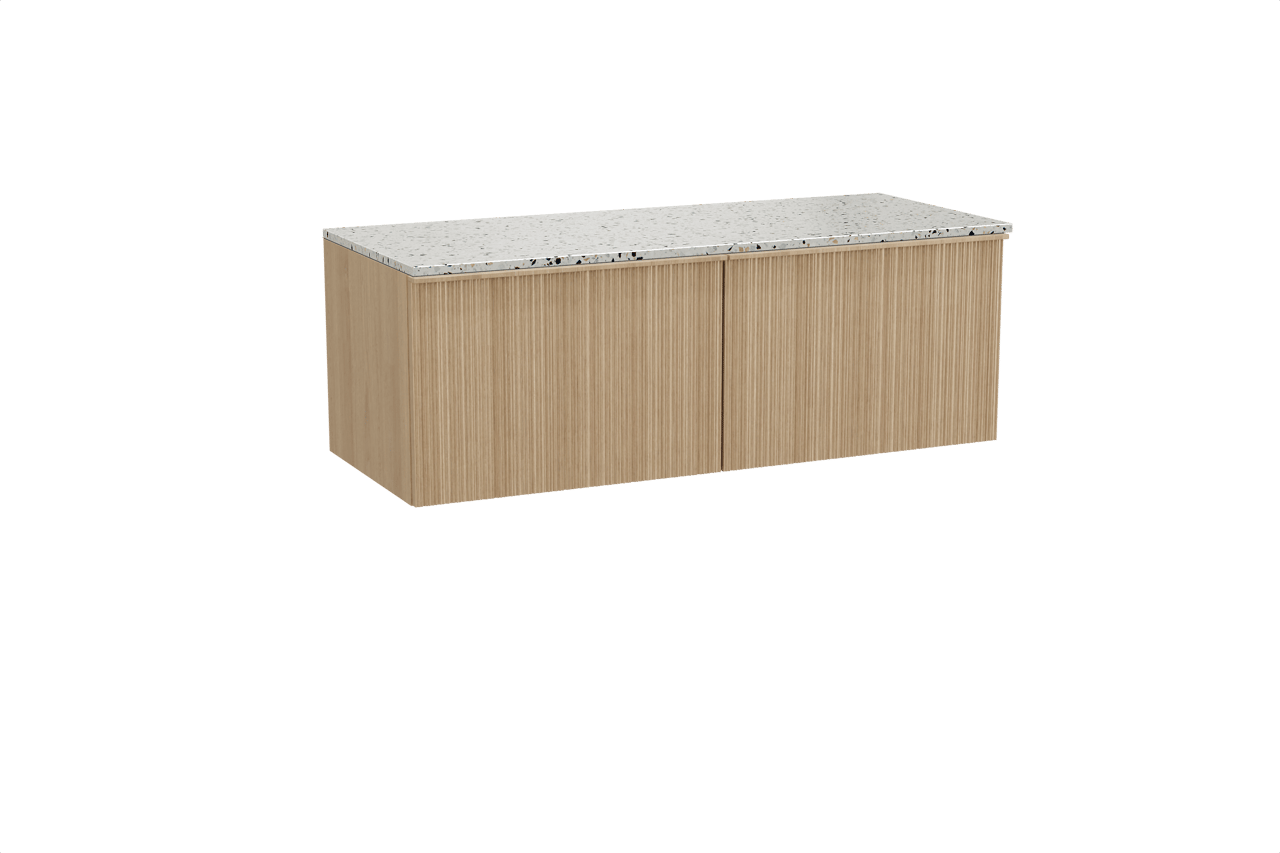 Balmani Forma meuble salle de bains suspendu 135 x 55 cm chêne naturel avec Stretto tablette simple ou double en blanc/noir mat terrazzo, Nervure circulaire asymétrique verticale