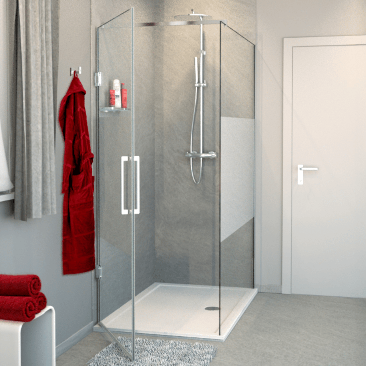 Balmani Modular douche de plain-pied avec porte gauche 140 x 200 cm verre transparent avec bande matte profil chrome brillant