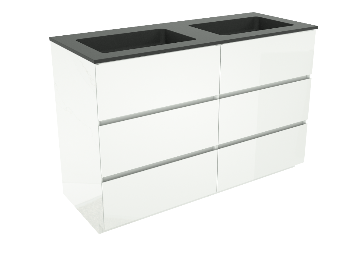 Storke Edge freistehendes Möbelstück Set: 130 x 52 cm, Weiß glänzend, mit Scuro Doppelwaschtisch, Quarz Schwarz matt