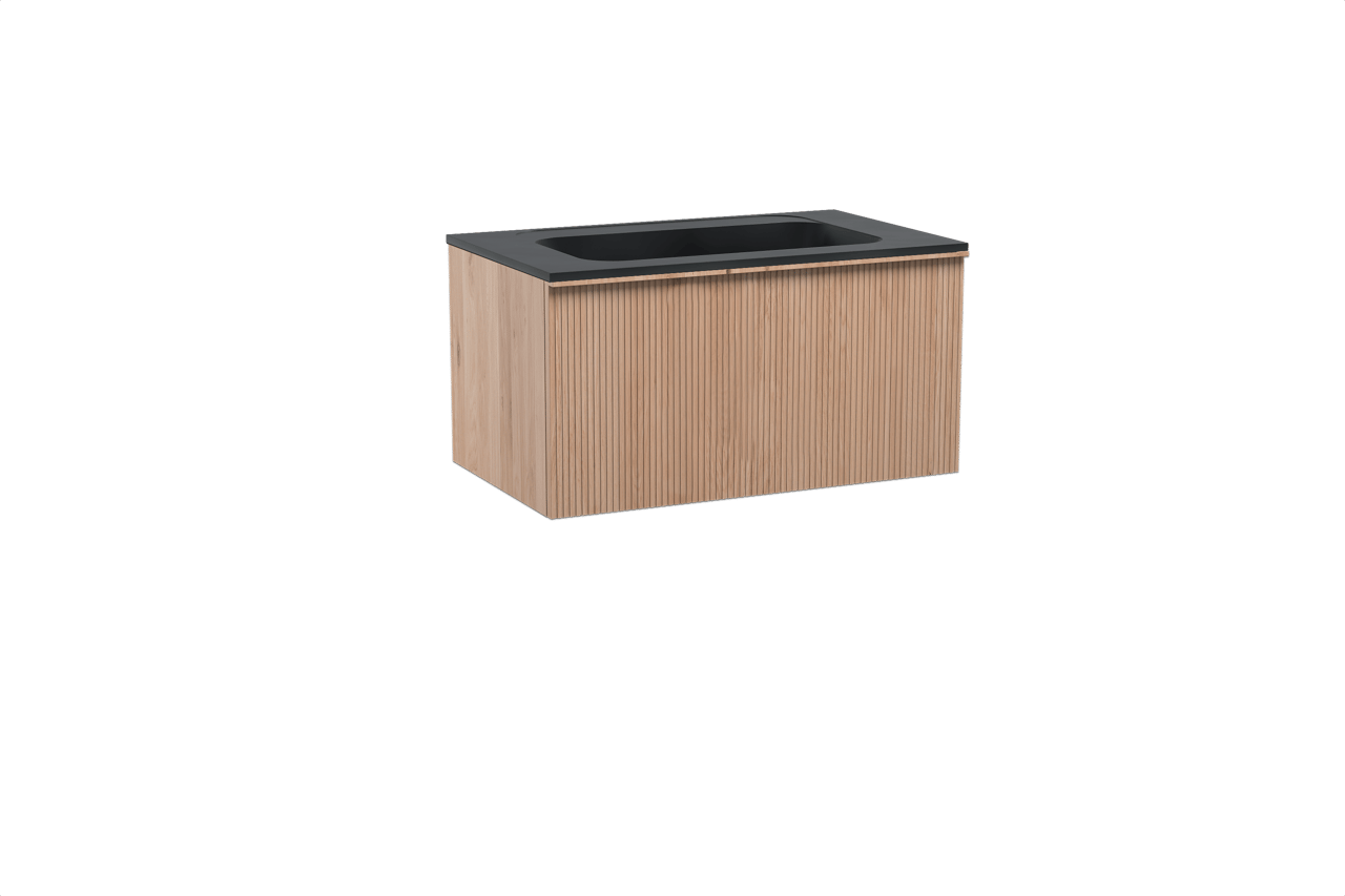 Balmani Forma hängendes Möbelstück Set: 90 x 55 cm, Naturbelassene Eiche, mit Tablo Strada Einzelwaschtisch, Marmorkomposit, Schwarz matt, Vertikale symmetrische gerade Rippe