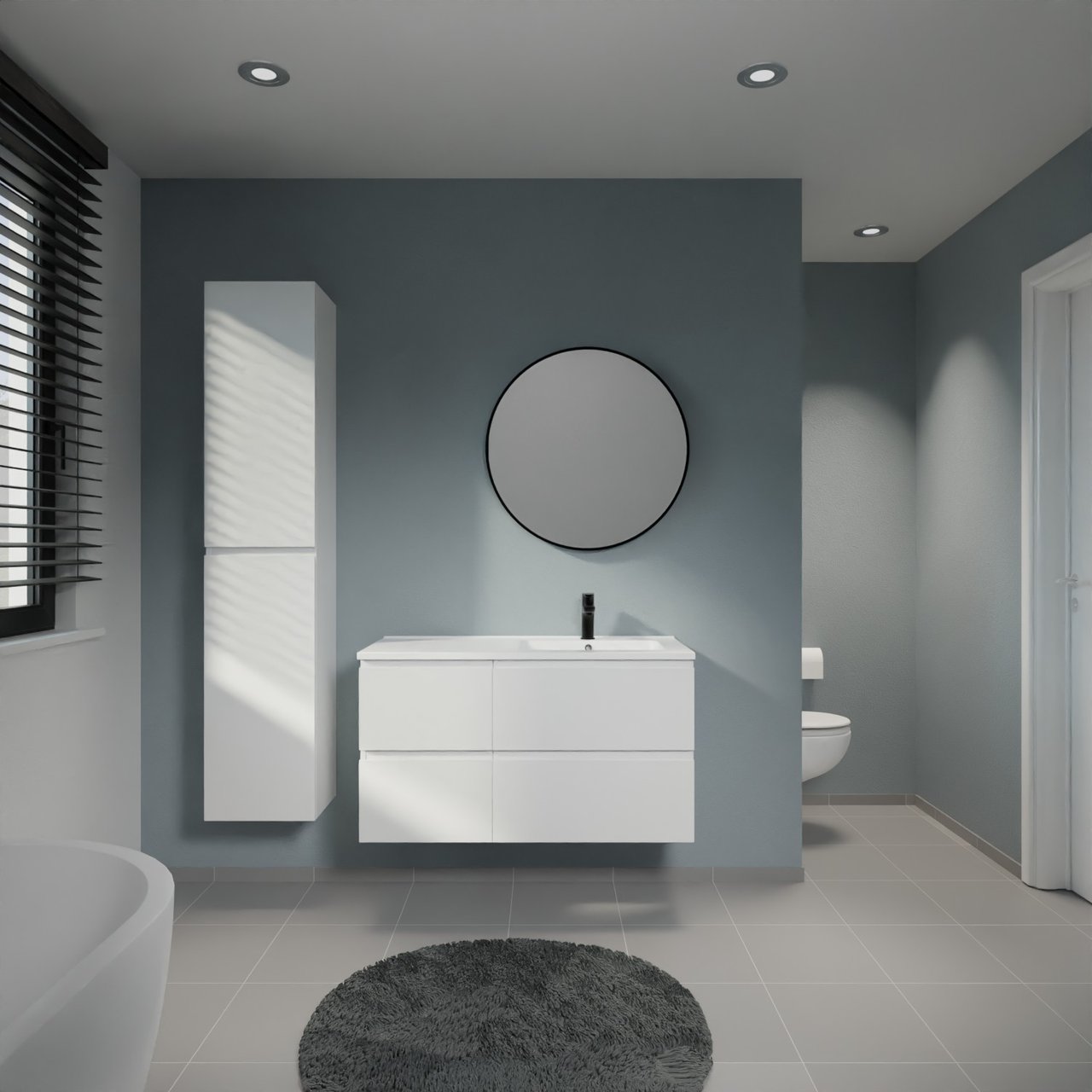 Linie Lado zwevend badkamermeubel 100 x 46 cm mat wit met Vano asymmetrisch rechtse wastafel in composietmarmer glanzend wit