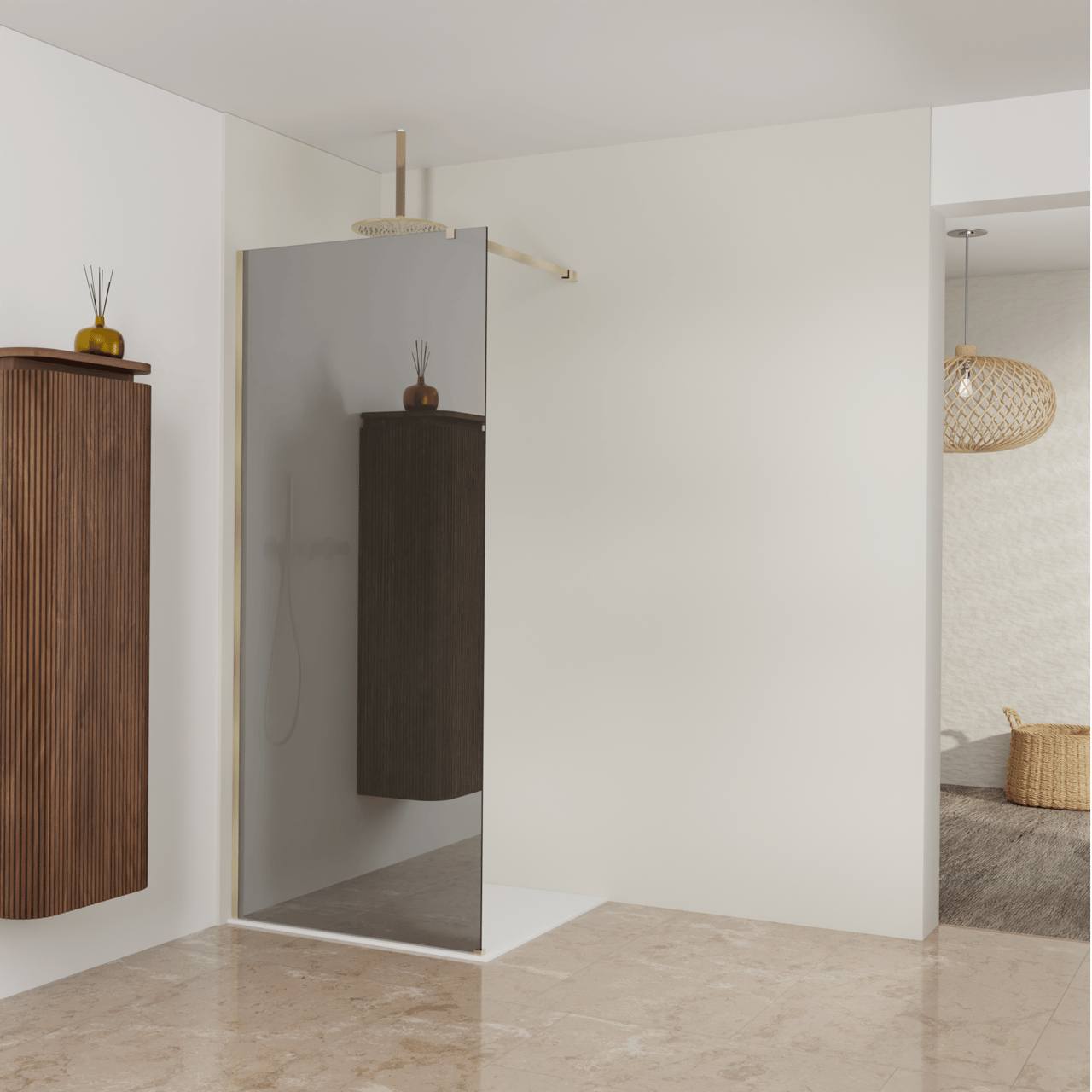 Balmani Modular Walk-In Dusche: 90 x 200 cm, Reflex-Spiegelglas, inklusive Coating, Profil Brushed Champagne Gold