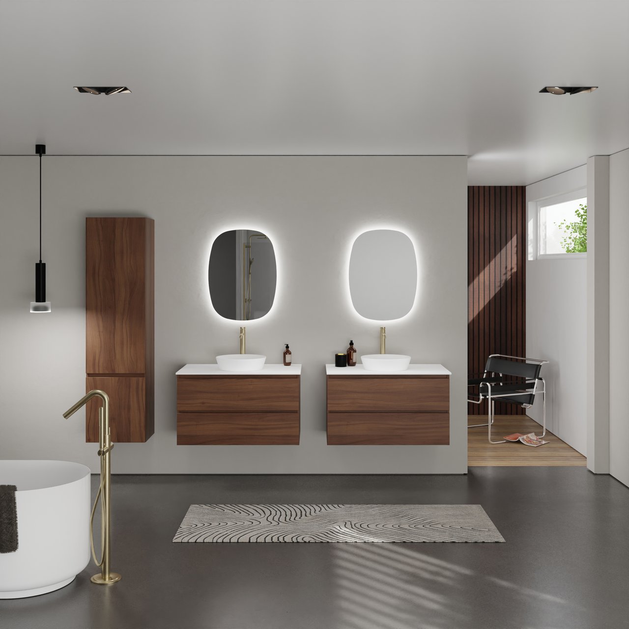 Balmani Lucida meuble salle de bains suspendu 90 x 55 cm noyer américain avec Stretto tablette simple en solid surface blanc mat