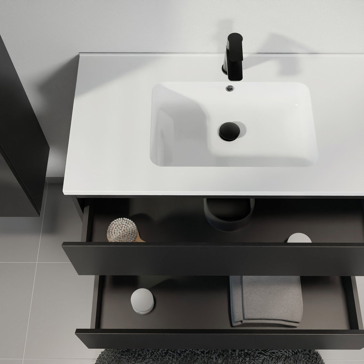 Linie Lado zwevend badkamermeubel 90 x 46 cm mat zwart met Vano enkele wastafel in composietmarmer glanzend wit