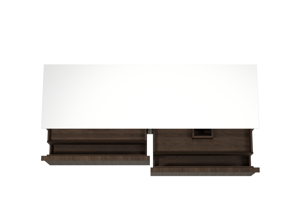 Balmani Forma zwevend badmeubel 180 x 55 cm gerookt eiken met Stretto enkel of dubbel wastafelblad in solid surface mat wit, Verticale symmetrische rechte ribbel