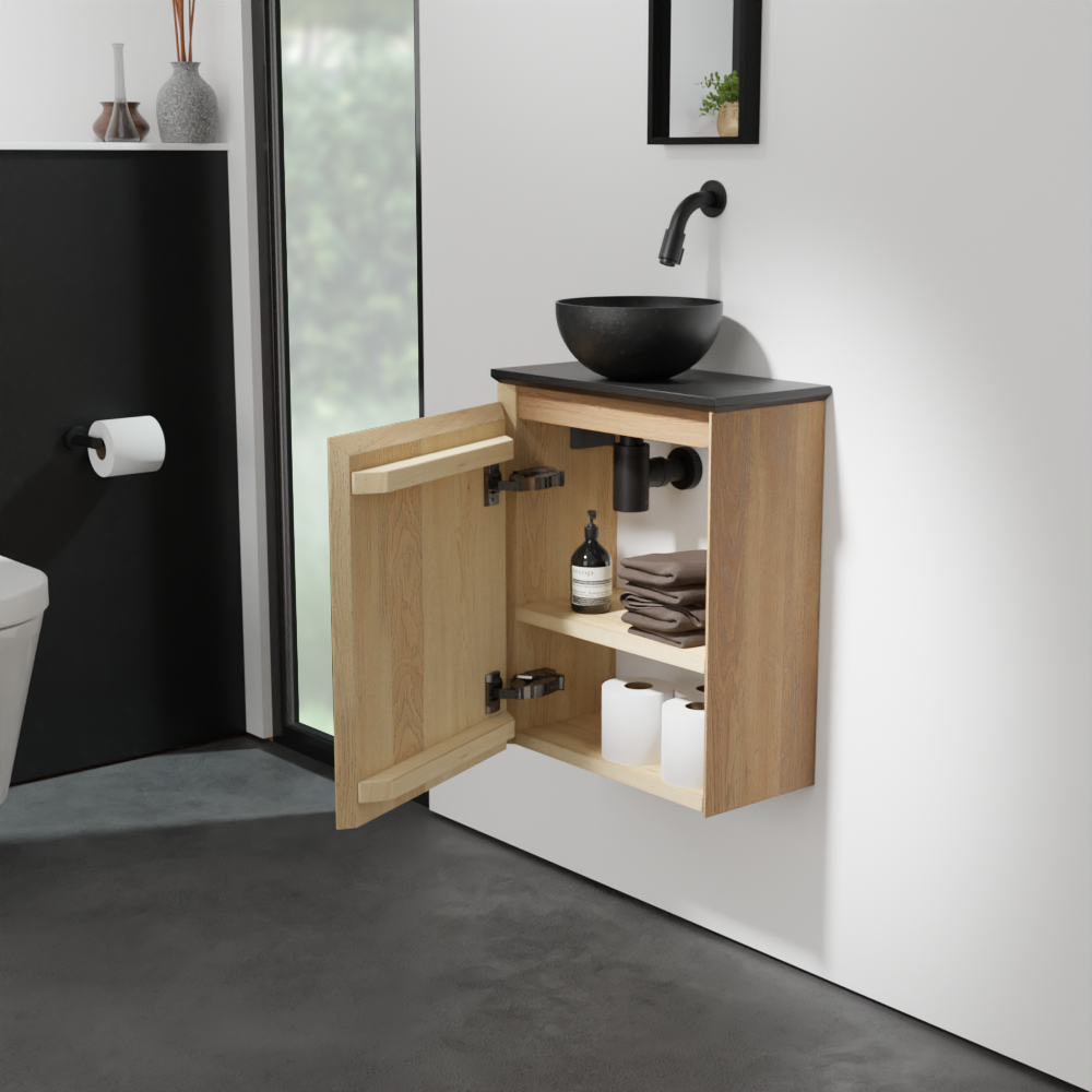 Balmani Mitra zwevend toiletmeubel 42 x 21 cm natuur eik met Facetta tablet en Bari waskom in verzoete graniet