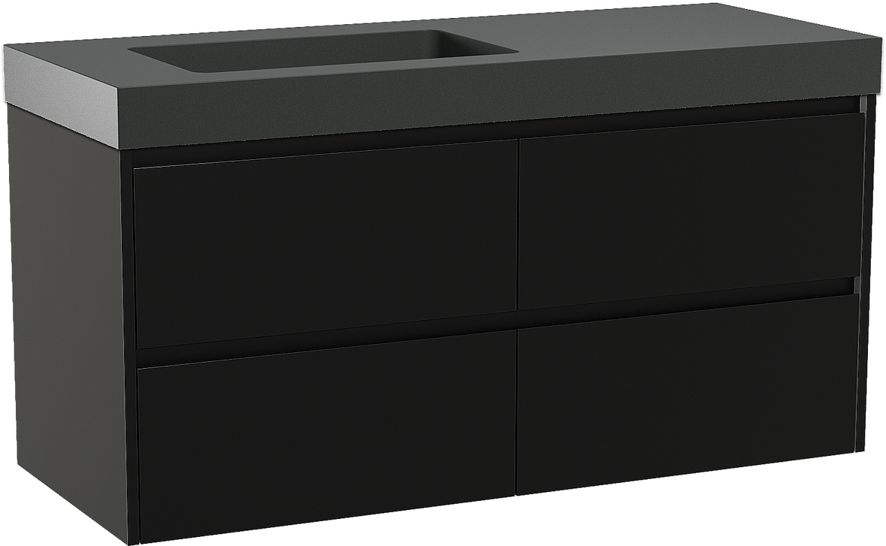 Storke Seda zwevend badkamermeubel 130 x 52 cm mat zwart met Scuro High asymmetrisch linkse wastafel in kwarts mat zwart