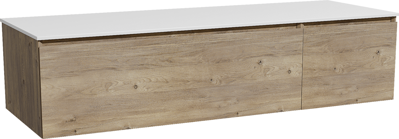 Storke Edge zwevend badmeubel 150 x 52 cm ruw eiken met Tavola enkel of dubbel wastafelblad in solid surface mat wit