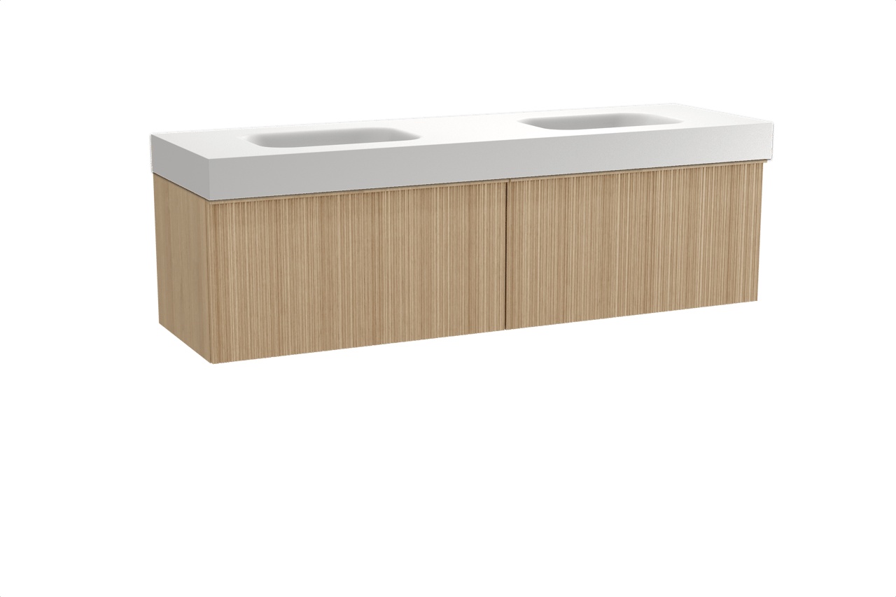 Balmani Forma hängendes Möbelstück Set: 180 x 55 cm, Naturbelassene Eiche, mit Arcato Doppelwaschtisch, Solid Surface, Weiß matt, Vertikale asymmetrische Runde Rippe