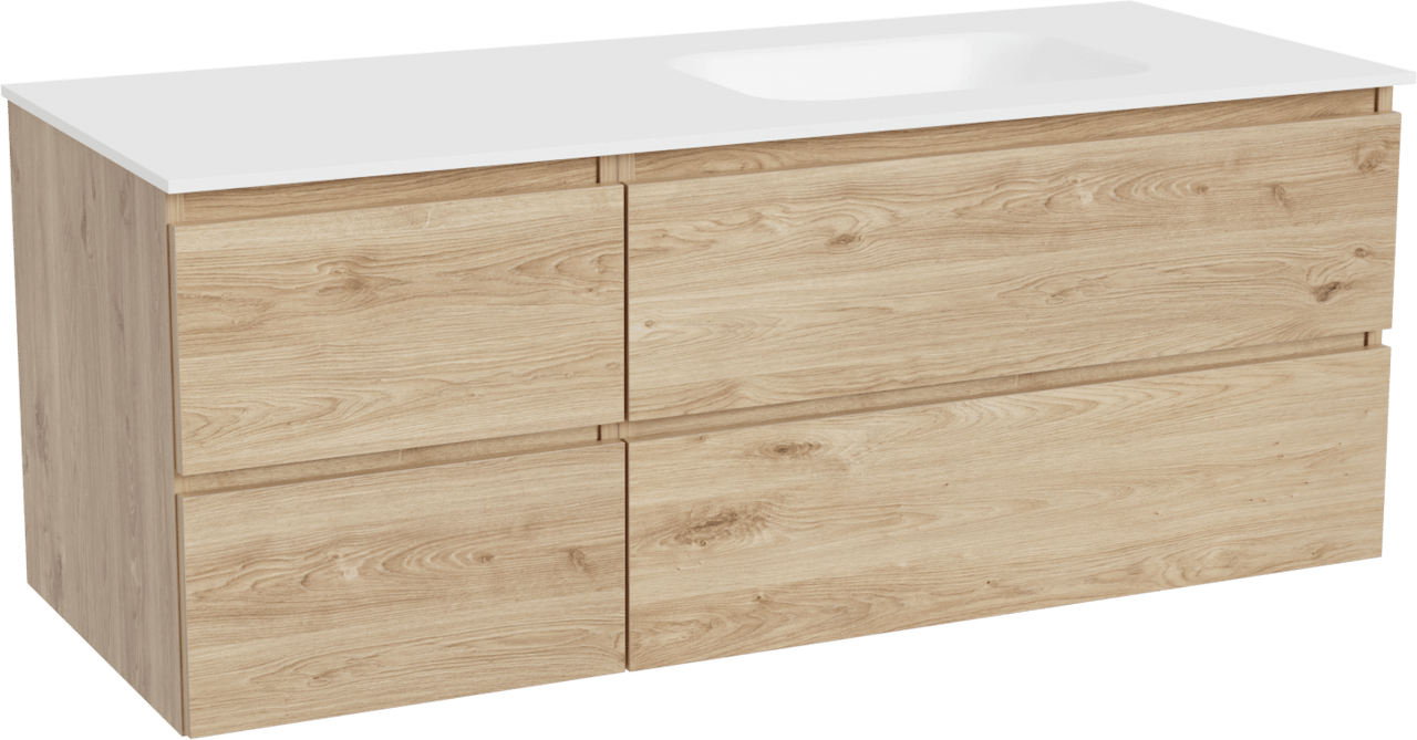 Balmani Lucida hängendes Möbelstück Set: 135 x 55 cm, Rohe Eiche, mit Tablo Arcato Waschtisch rechts, Solid Surface Weiß matt