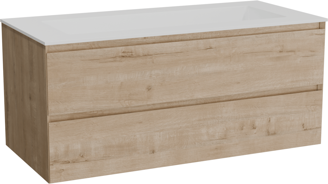 Balmani Mitra hängendes Möbelstück Set: 120 x 55 cm, Rohe Eiche, mit Tablo Stretto Einzelwaschtisch für 2 Armaturenlöcher, Solid Surface Weiß matt