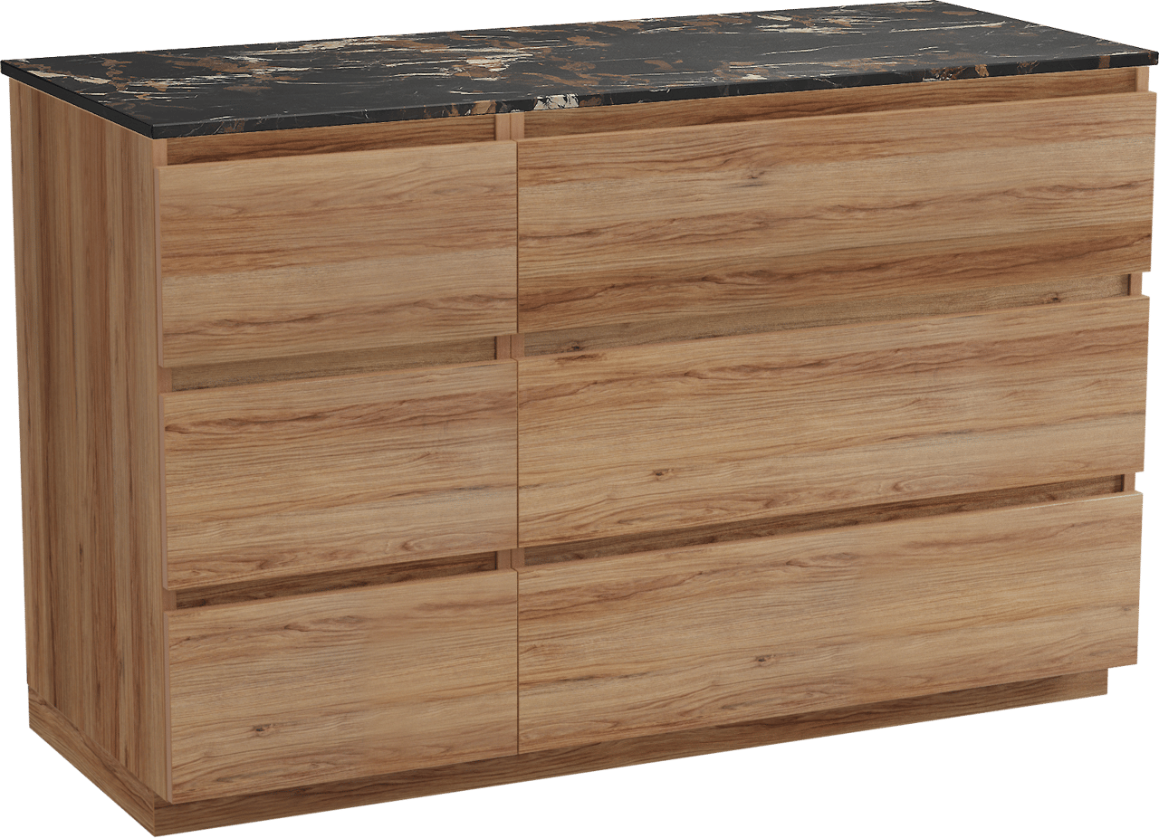 Balmani Lucida staand badkamermeubel 135 x 55 cm teak met Stretto enkel of dubbel tablet in marmer portoro gold