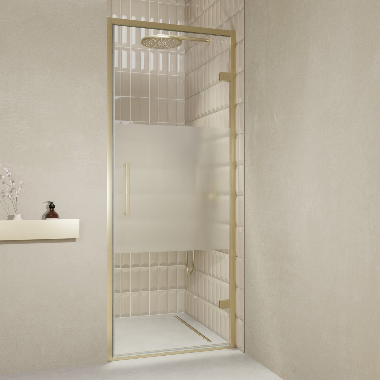 Balmani Senses Design douche draaideur rechts 90 cm x 210 cm Helder glas met matte strook, Brushed Champagne Gold profielen