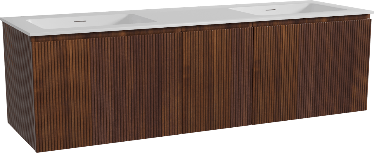 Storke Ribs zwevend badmeubel 165 x 52 cm notenhout met Mata dubbele wastafel in solid surface mat wit, Verticale symmetrische rechte ribbel