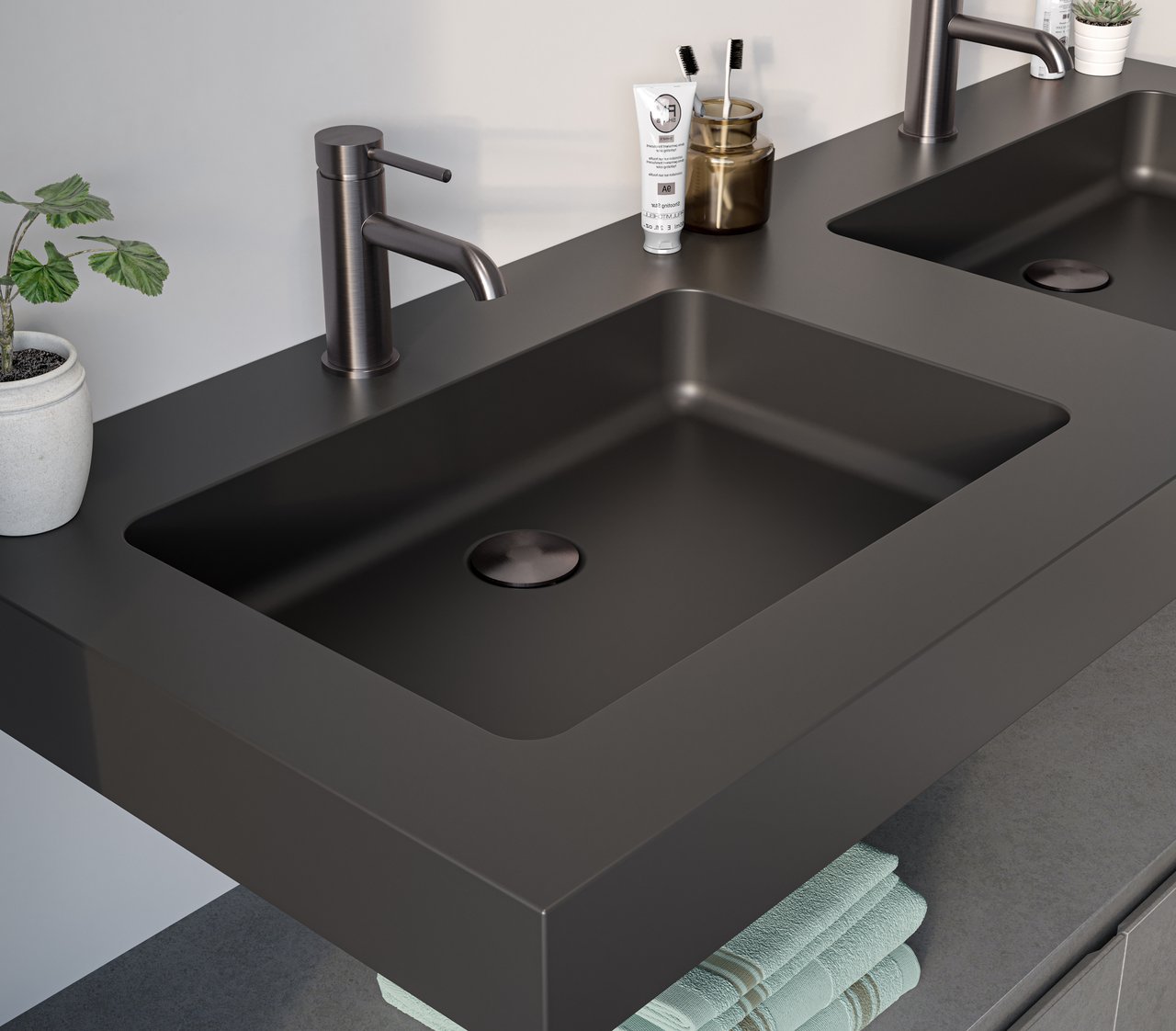 Storke Scuro High Doppelwaschtisch, Quarz matt, 130 x 52 cm