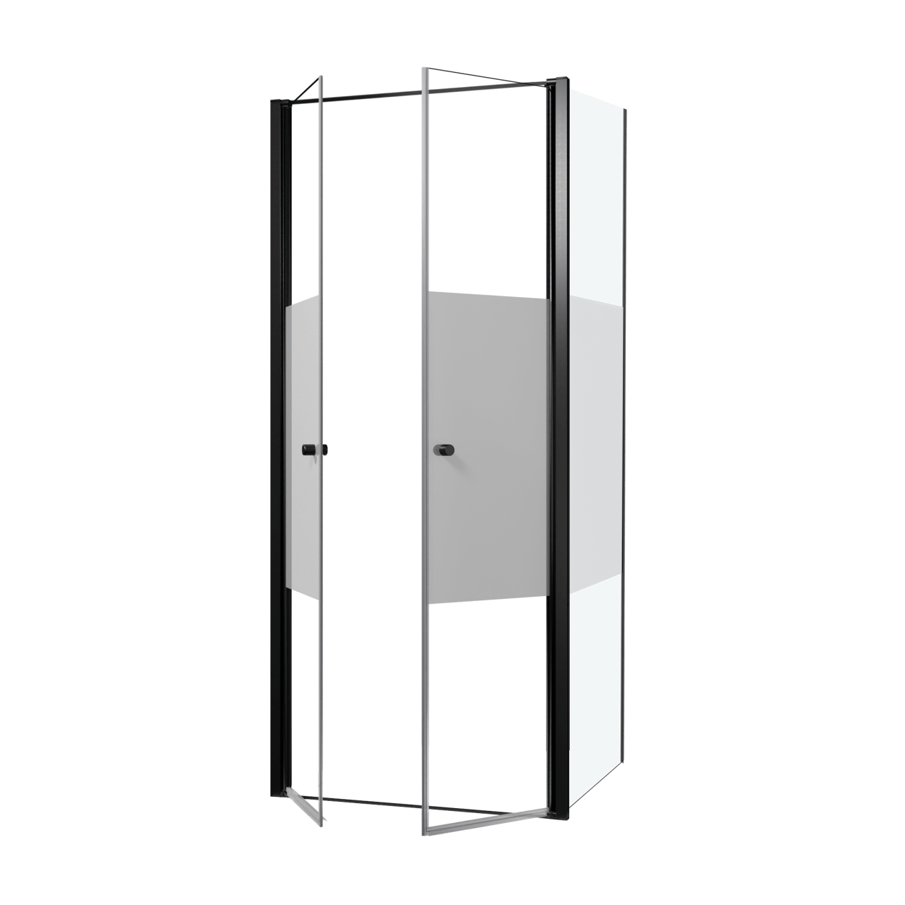 Luca Varess Kuresa coin-douche porte battante avec paroi latérale fixe 90 x 90 x 200 cm verre transparent avec bande matte et profil noir mat