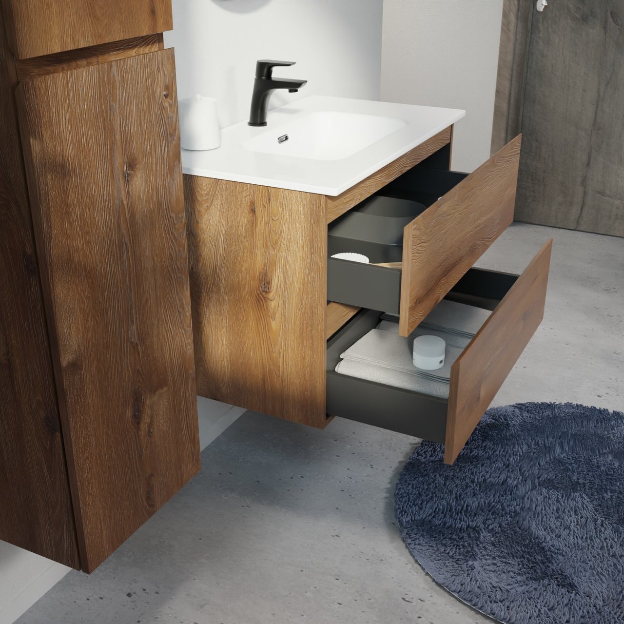 Linie Lado meuble salle de bains suspendu 80 x 46 cm chêne brun avec Baro plan simple en porcelaine blanc brillant