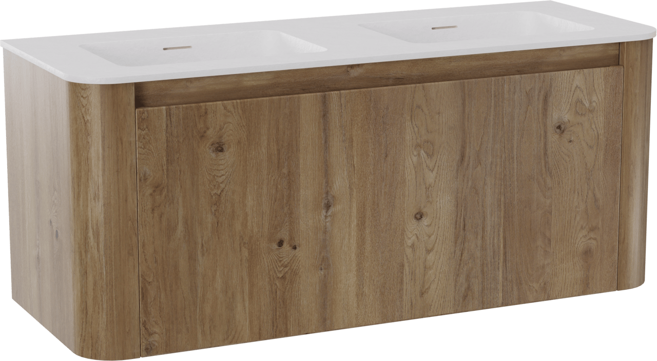 Storke Soft meuble salle de bains suspendu 120 x 46 cm chêne brut avec Mata Soft double vasque en Solid Surface blanc mat