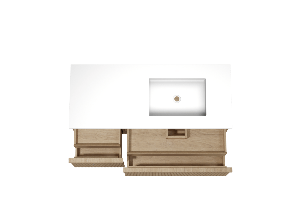 Balmani Forma hängendes Möbelstück Set: 135 x 55 cm, Naturbelassene Eiche, mit Tablo Stretto Waschtisch rechts, Solid Surface, Weiß matt, Vertikale symmetrische gerade Rippe