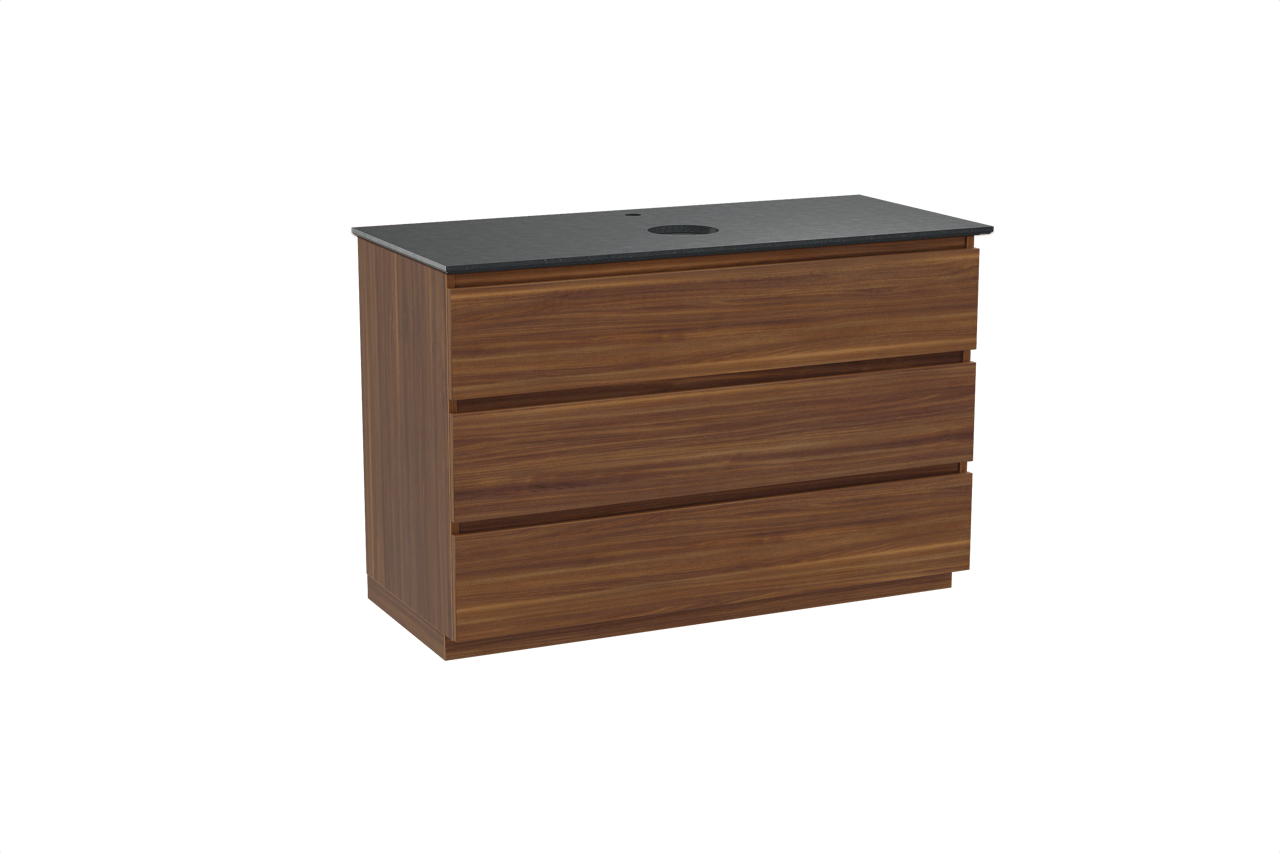 Balmani Lucida freistehendes Möbelstück Set: 120 x 55 cm, Amerikanischer Nussbaum, mit Facetta Einzel Waschtischplatte, Schwarzes Granit
