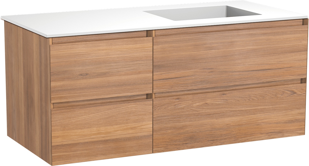 Balmani Mitra meuble salle de bains suspendu 120 x 55 cm teck avec Tablo Stretto vasque asymétrique droite en solid surface blanc mat
