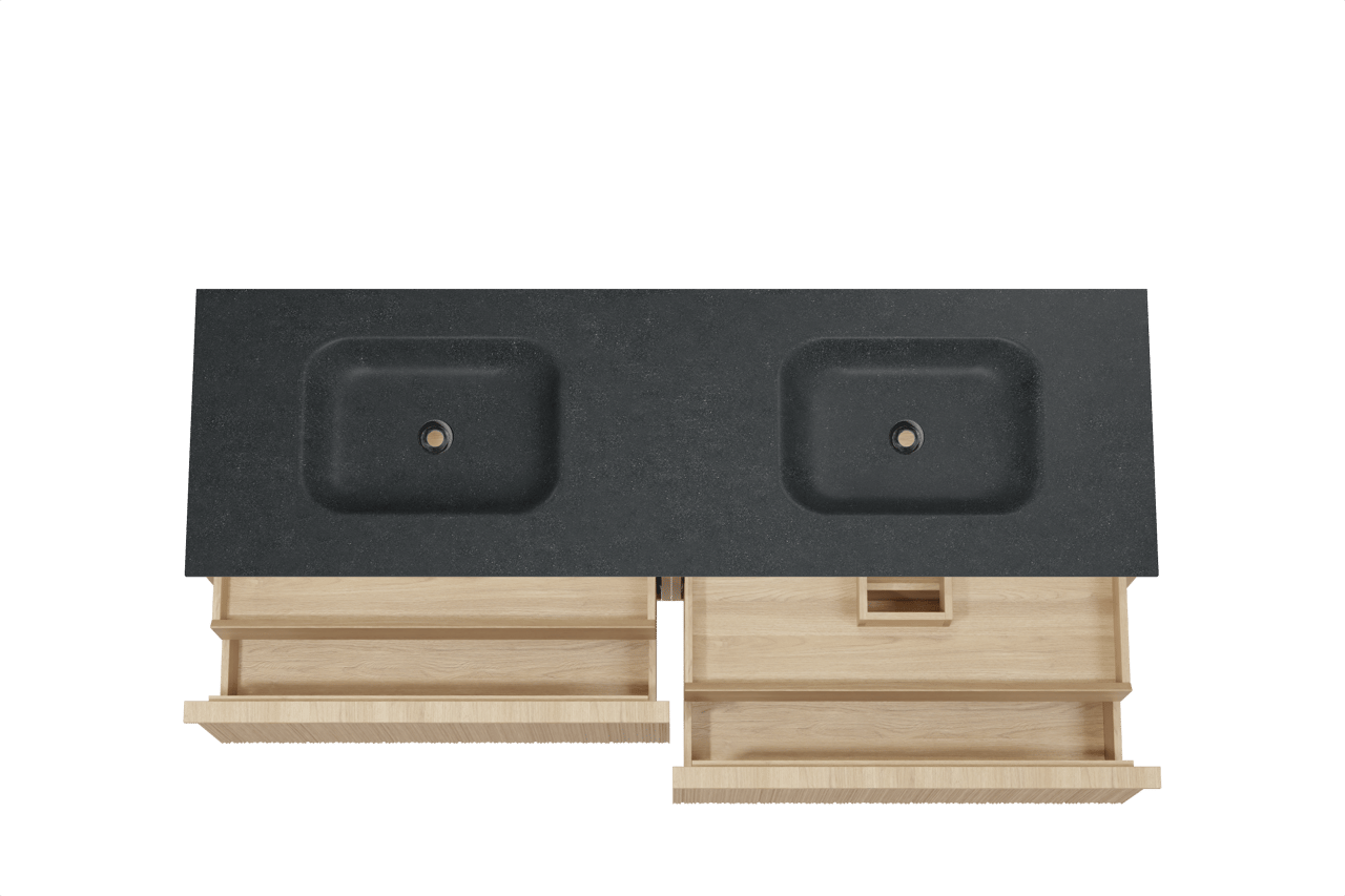 Balmani Forma meuble salle de bains suspendu 180 x 55 cm chêne naturel avec Tablo Arcato double vasque en granit noir, Nervure circulaire asymétrique verticale