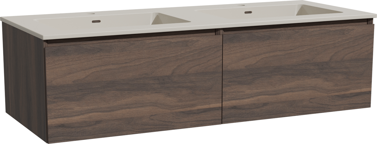 Storke Edge meuble salle de bains suspendu 130 x 52 cm noyer avec Diva double vasque en top solid soie grise