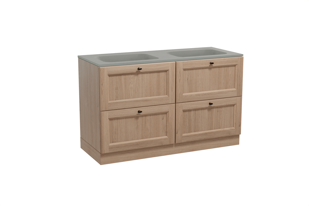 Balmani Lemon staand badmeubel 135 x 55 cm verweerd eiken met Tablo Strada dubbele wastafel in composietmarmer zijdegrijs