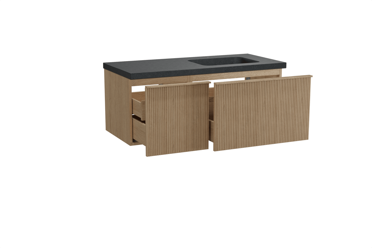 Balmani Forma meuble salle de bains suspendu 120 x 55 cm chêne naturel avec Napoli vasque asymétrique droite en granit noir, Nervure droite symétrique verticale