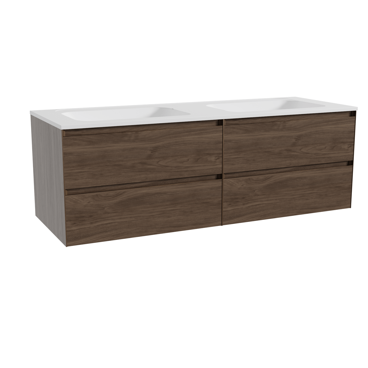 Balmani Mitra hängendes Möbelstück Set: 150 x 55 cm, Amerikanischer Nussbaum, mit Tablo Strada Doppelwaschtisch, Marmorkomposit Weiß matt