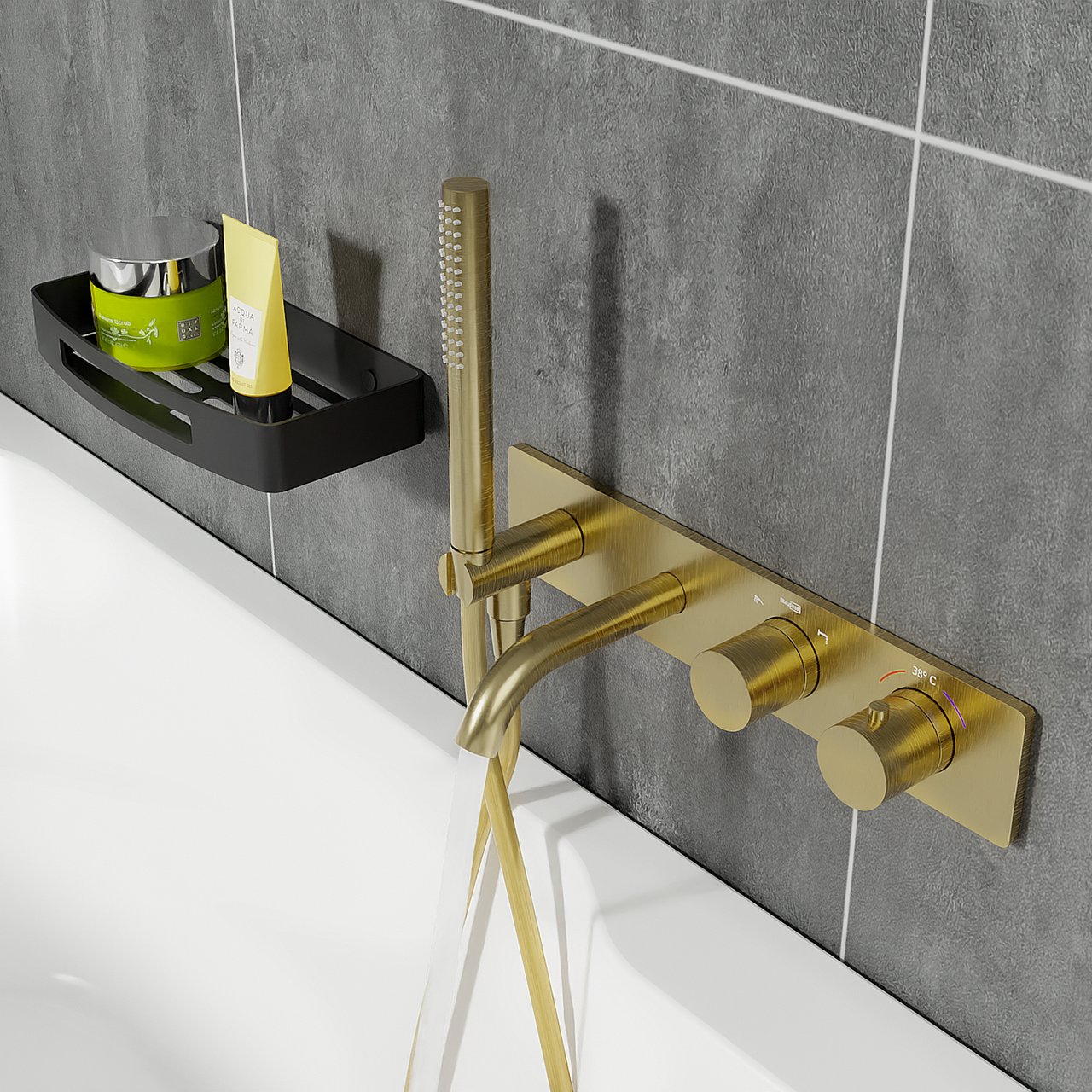 Blaufoss Round inbouw badkraan thermostatisch met handdouche Brushed Gold incl. inbouwelement