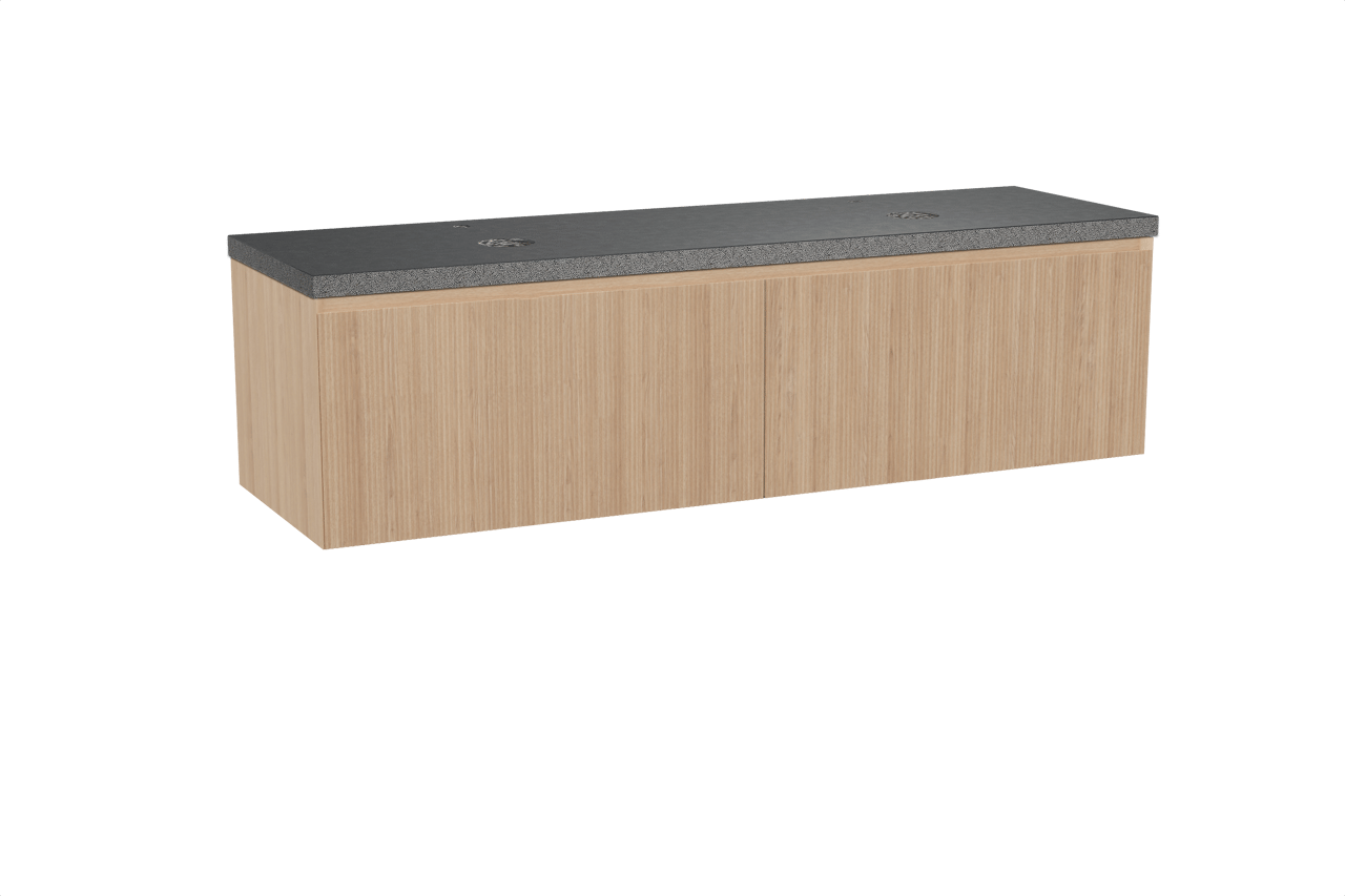 Balmani Fila hängendes Möbelstück Set: 180 x 55 cm, Naturbelassene Eiche, mit Rock Doppel Waschtischplatte, Granit, Schwarzes Granit, Vertikale symmetrische gerade Rippe