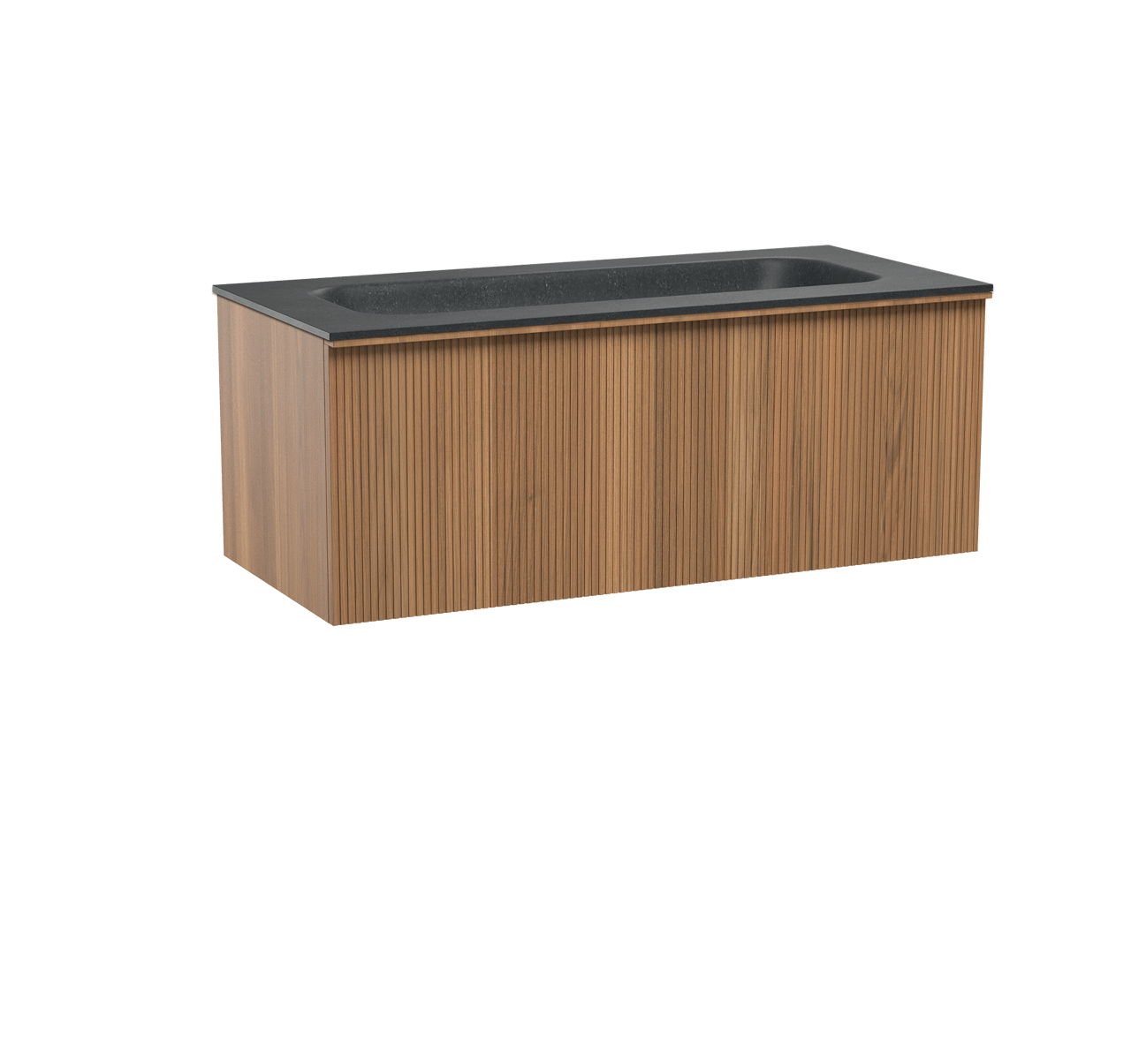 Balmani Forma hängendes Möbelstück Set: 120 x 55 cm, Teak, mit Tablo Arcato Einzelwaschtisch für 2 Armaturenlöcher, Granit, Schwarzes Granit, Vertikale symmetrische gerade Rippe