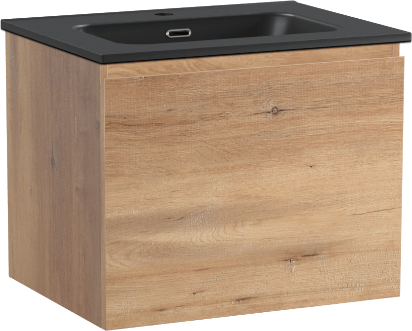 Linie Lado hängendes Möbelstück Set: 60 x 46 cm, Naturbelassene Eiche, mit Baro Einzelwaschtisch, Porzellan Schwarz matt